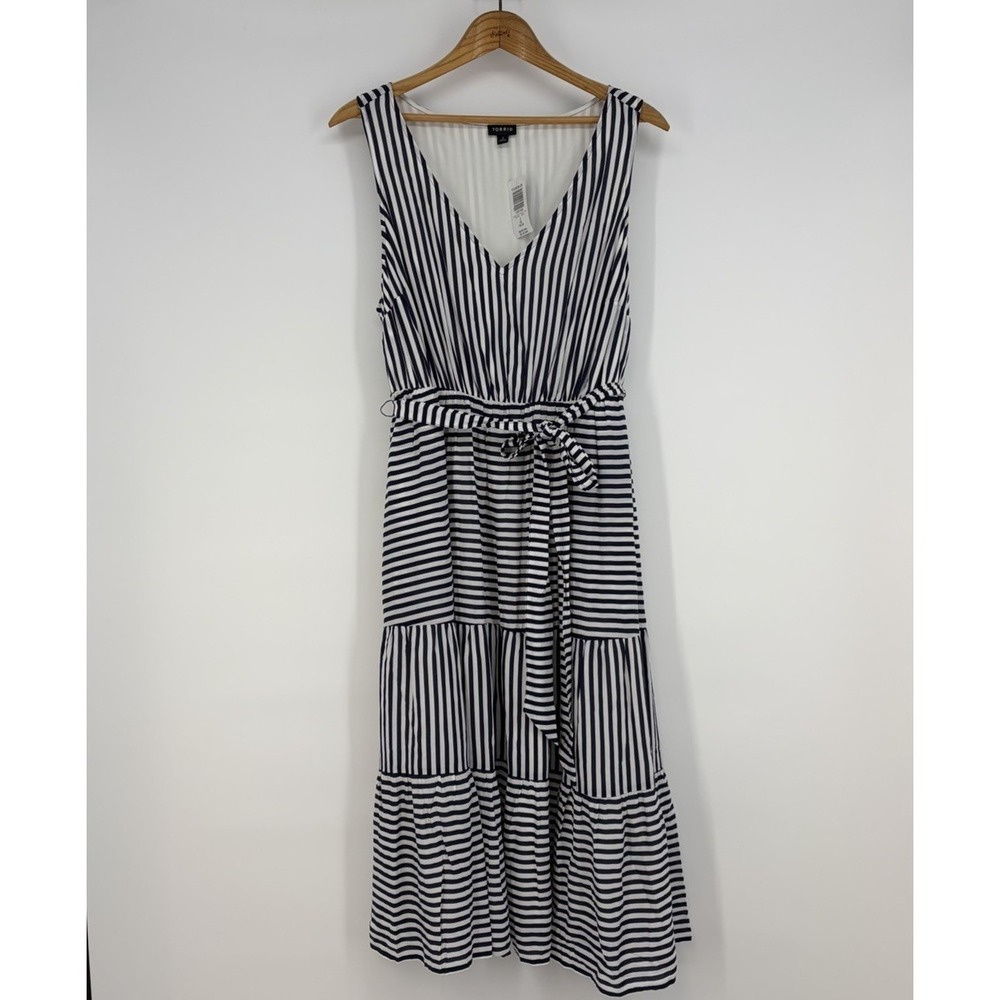 Torrid Tiered MIDI Dress 2X Navy White Stripe Challis Tie Summer Nautical Staple - Picture 5 of 15